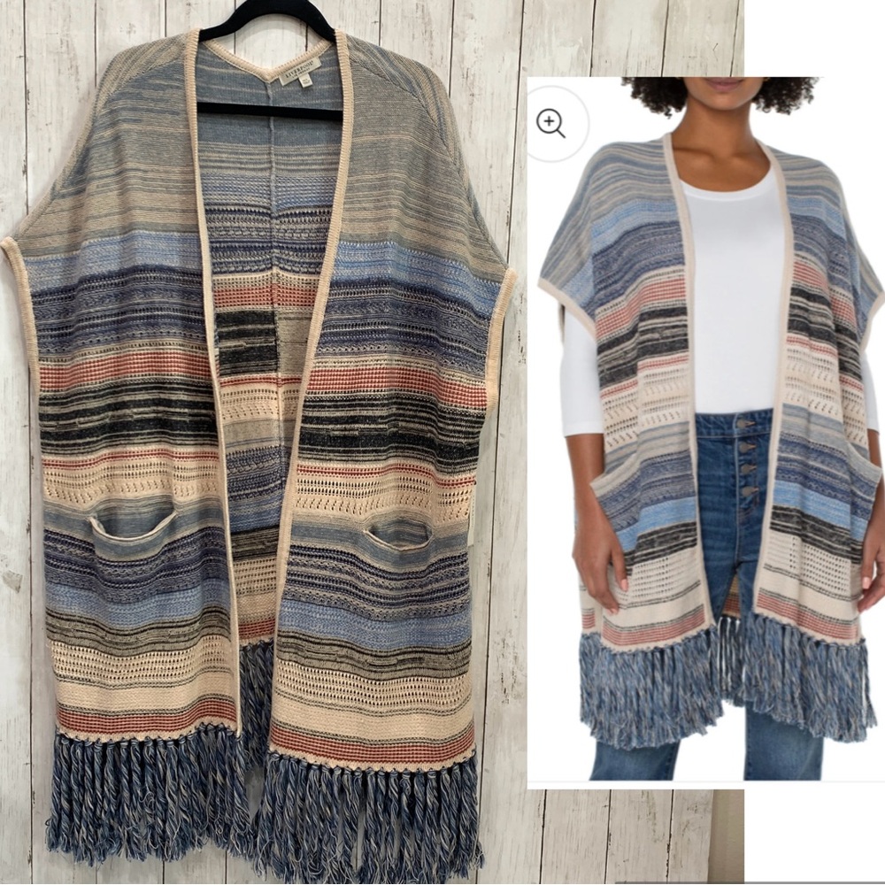 NWT Liverpool Knit Striped Fringe Hem Oversized Sleeveless Cardigan Womens M/L